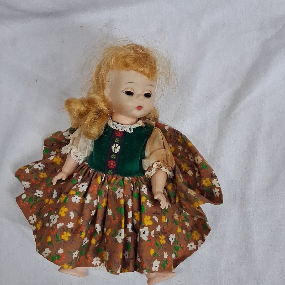 Vintage Floral Doll with Green and Brown Dress